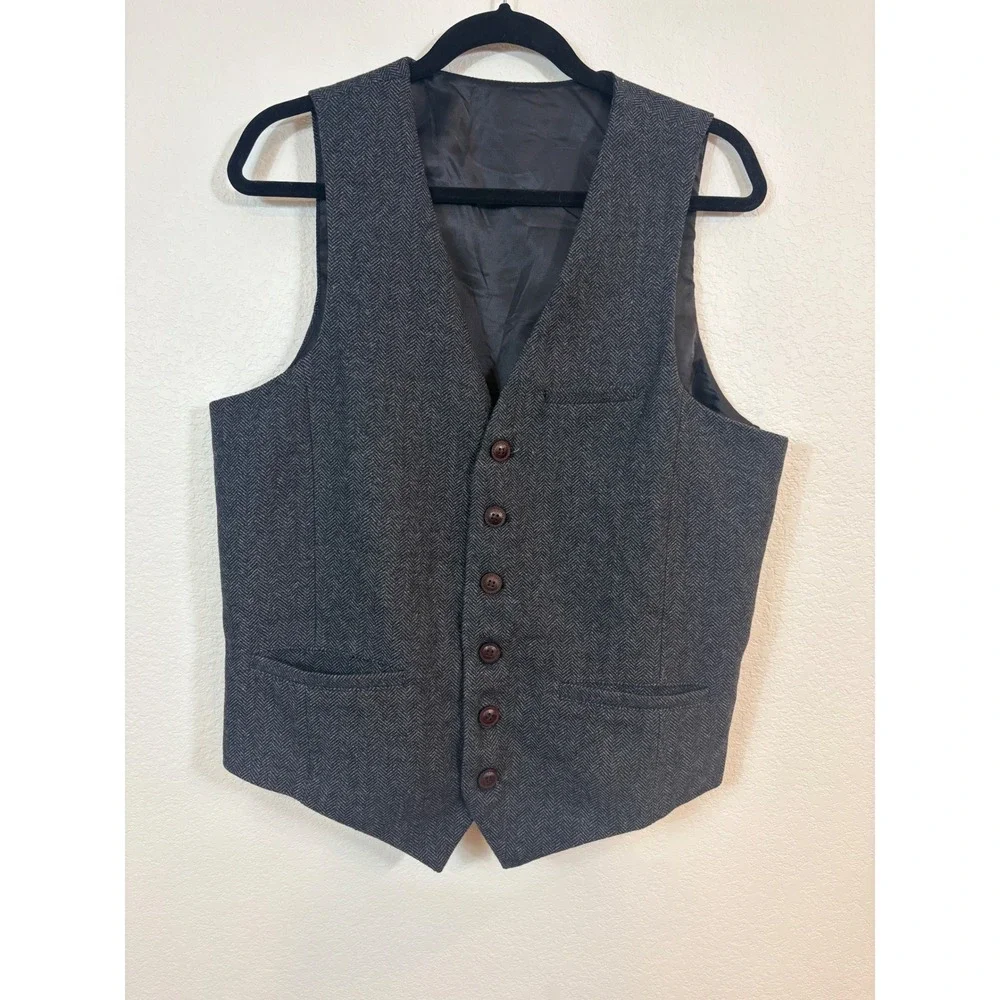 VOBOOM Vest Mens L Grey Wool Blend Herringbone Waistcoat Wedding Office Preppy